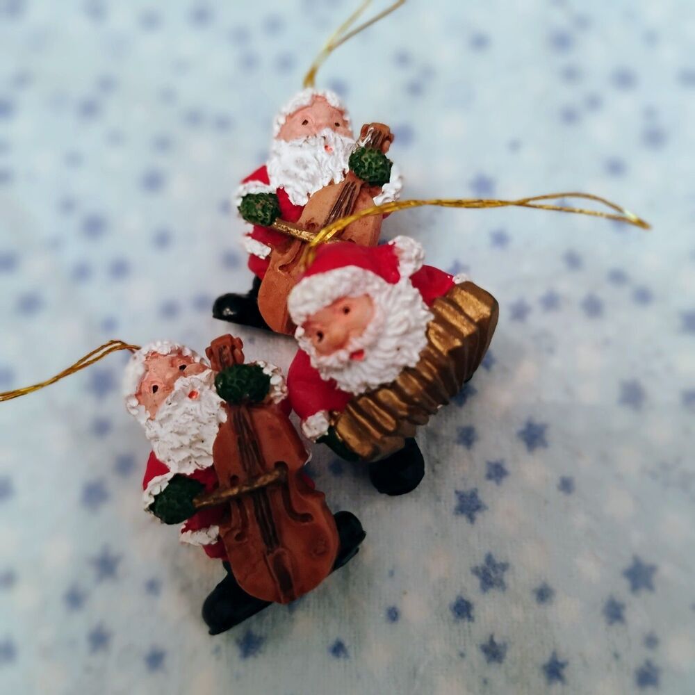 Vintage Santa Playing Musical Instruments Christmas Mini Ornaments Set of 3